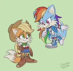 Size: 1102x1068 | Tagged: safe, artist:itoruna-the-platypus, derpibooru import, applejack, rainbow dash, anthro, fox, equestria girls, clothes, crossover, duo, female, image, jpeg, multiple tails, sonic the hedgehog, sonic the hedgehog (series), sonicified, species swap, tail, two tails