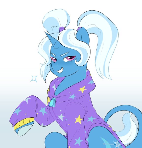 Size: 1157x1200 | Tagged: safe, artist:aztrial, derpibooru import, trixie, pony, unicorn, alternate hairstyle, babysitter trixie, clothes, grin, hoodie, image, jpeg, looking at you, smiling, solo