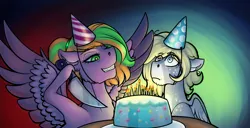 Size: 2000x1024 | Tagged: safe, artist:gusinya, derpibooru import, oc, oc:beatrice creux, oc:gray bird, unofficial characters only, pegasus, pony, cake, candle, derpibooru exclusive, evil grin, female, food, grin, happy birthday, hat, image, knife, male, mare, party hat, png, scared, simple background, smiling, stallion, wings