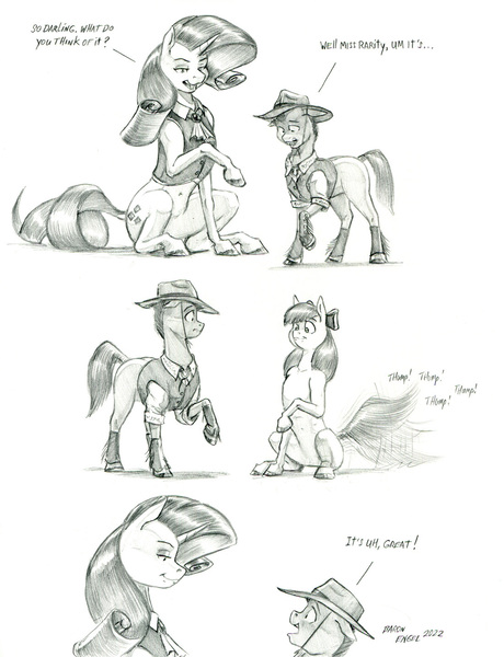 Size: 1100x1435 | Tagged: safe, artist:baron engel, derpibooru import, apple bloom, rarity, oc, oc:stone mane (baron engel), earth pony, pony, unicorn, colt, female, filly, foal, image, jpeg, male, mare, monochrome, pencil drawing, story included, tail, tail wag, traditional art