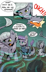 Size: 2008x3071 | Tagged: safe, artist:ahobobo, derpibooru import, limestone pie, marble pie, maud pie, dragon, hybrid, pony, series:holders boulder (ahobobo), belly, belly button, comic, image, png, rock, species swap, transformation, trio