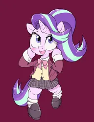 Size: 923x1200 | Tagged: safe, artist:k-nattoh, derpibooru import, starlight glimmer, pony, semi-anthro, unicorn, bipedal, clothes, female, horn, image, jpeg, looking at you, mare, open mouth, red background, shoes, simple background, skirt, socks, solo, uniform