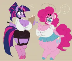 Size: 4096x3467 | Tagged: suggestive, artist:dedoggyskullz, derpibooru import, pinkie pie, twilight sparkle, anthro, earth pony, unguligrade anthro, unicorn, big breasts, braces, breasts, busty pinkie pie, busty twilight sparkle, butt, candy, clipboard, clothes, disproportional anatomy, duo, duo female, fat, female, food, garter belt, glasses, huge breasts, huge butt, hyper, hyper breasts, image, impossibly large breasts, jpeg, large butt, lollipop, looking at you, nerd, obese, question mark, school uniform, simple background, skirt, smiling