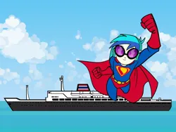 Size: 1000x750 | Tagged: safe, derpibooru import, vinyl scratch, equestria girls, dc comics, flying, image, jpeg, ocean liner, superman