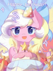 Size: 2288x3081 | Tagged: safe, artist:sweeter_sakura, derpibooru import, oc, oc:bay breeze, unofficial characters only, pegasus, pony, blushing, bow, cake, cute, female, food, hair bow, hat, image, jpeg, mare, open mouth, party hat, pegasus oc, present, simple background, solo, text, wings