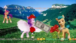Size: 1365x768 | Tagged: safe, derpibooru import, hitch trailblazer, pipp petals, sunny starscout, earth pony, pegasus, pony, my little pony: a new generation, 1000 dollar bill, 1000 years in photoshop, flower, g5, image, png, rose, shitposting, why