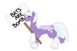 Size: 1280x854 | Tagged: safe, artist:itstechtock, derpibooru import, oc, oc:snow violet, unofficial characters only, bat pony, pony, activist, female, image, jpeg, mare, sign, simple background, solo, white background