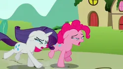 Size: 1280x720 | Tagged: safe, derpibooru import, screencap, pinkie pie, rarity, earth pony, pony, putting your hoof down, crying, duo, duo female, eyes closed, female, image, jpeg, open mouth, running, running away, sad