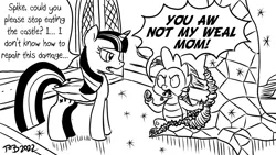 Size: 1200x675 | Tagged: safe, artist:pony-berserker, derpibooru import, spike, twilight sparkle, twilight sparkle (alicorn), alicorn, dragon, image, monochrome, png, pony-berserker's twitter sketches, pony-berserker's twitter sketches (2022), speech bubble, twilight's castle, winged spike, wings