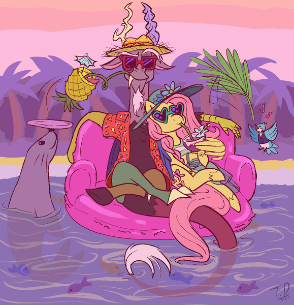 Size: 1276x1322 | Tagged: safe, artist:tashidelashi, derpibooru import, discord, fluttershy, bird, blue jay, draconequus, fish, pegasus, seal, crossed legs, discoshy, fan, fanning, female, food, hat, image, jpeg, male, mordecai, pineapple, regular show, relaxing, shipping, sitting, straight, summer, sunglasses, tree, water