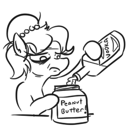 Size: 259x256 | Tagged: safe, artist:jargon scott, derpibooru import, oc, oc:brownie bun, alcohol, cropped, drinking, exhausted, food, image, messy mane, peanut butter, peanut butter jar, png, sorrow knows how to swim, tired, vodka