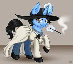 Size: 1167x1024 | Tagged: safe, artist:sabrib, derpibooru import, oc, oc:tinker doo, unofficial characters only, pony, unicorn, cigarette, cigarette holder, clothes, cosplay, costume, crossdressing, hat, high heels, horn, image, jewelry, lady dimitrescu, magic, necklace, png, shoes, smiling, socks, stockings, telekinesis, thigh highs, unicorn oc