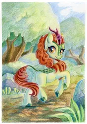 Size: 843x1200 | Tagged: safe, artist:maytee, derpibooru import, autumn blaze, kirin, colored pencil drawing, image, png, smiling, solo, traditional art
