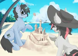 Size: 2766x1983 | Tagged: safe, artist:detectiveneko, derpibooru import, oc, oc:tinker doo, unofficial characters only, beach, building, female, glasses, happy, image, jpeg, male, sandcastle, summer