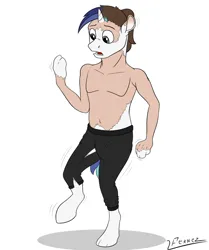 Size: 1024x1224 | Tagged: safe, artist:furnaise, derpibooru import, shining armor, pony, clothes, eye color change, hooves, human to pony, image, male, mid-transformation, open mouth, pants, png, simple background, stallion, transformation