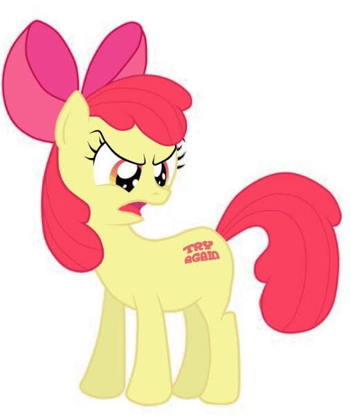 Size: 569x674 | Tagged: safe, derpibooru import, apple bloom, earth pony, pony, angry, apple bloom's bow, apple bloom's cutie mark, bow, exploitable meme, female, filly, foal, frown, hair bow, image, jpeg, meme, simple background, text, try again, white background