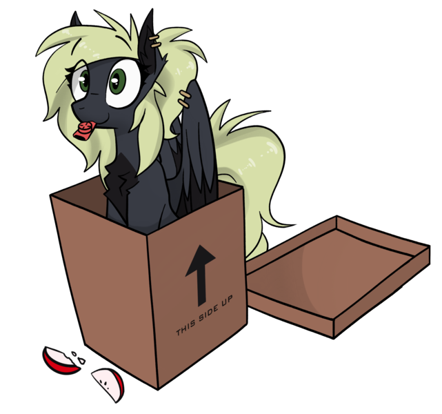 Size: 2769x2590 | Tagged: safe, artist:fenixdust, derpibooru import, oc, oc:veen sundown, unofficial characters only, pegasus, pony, apple, blonde, box, ear piercing, female, food, image, kazoo, mare, musical instrument, pegasus oc, piercing, png, pony in a box, simple background, sitting, solo, sundown clan, transparent background, wing piercing, wings