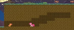 Size: 516x213 | Tagged: safe, derpibooru import, babs seed, pinkie pie, earth pony, pony, crazy pony, everfree forest, exclamation point, female, filly, foal, game, image, mare, moon, night, pixel art, png, sign, tree, youtube link