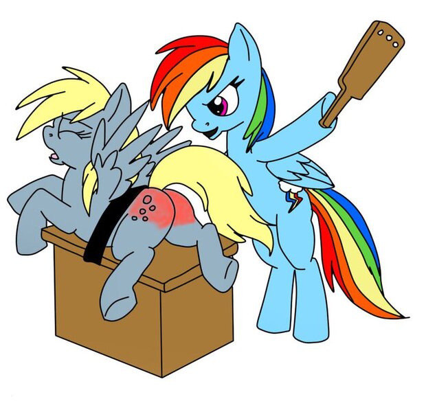 Size: 793x768 | Tagged: suggestive, artist:devilhooves, derpibooru import, derpy hooves, rainbow dash, pegasus, pony, /mlp/, 4chan, butt, colored, duo, eyes closed, image, jpeg, paddle, plot, punishment, reddened butt, simple background, spanked, spanking, standing on two hooves, strapped down, table, white background