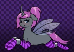 Size: 1026x726 | Tagged: safe, artist:jiralightstalker, derpibooru import, oc, oc:violet nebula, unofficial characters only, changeling, blushing, bondage, bondage cuffs, bondage gear, changeling oc, clothes, cuffs, image, insect wings, lying down, png, prone, purple changeling, scrunchy face, simple background, socks, wings