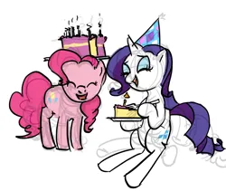 Size: 1277x1078 | Tagged: safe, artist:ponyrake, derpibooru import, pinkie pie, rarity, earth pony, pony, unicorn, cake, candle, duo, female, food, hat, head carry, image, party hat, png, simple background, white background