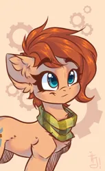 Size: 2200x3600 | Tagged: safe, artist:falafeljake, derpibooru import, oc, oc:rusty gears, unofficial characters only, earth pony, pony, clothes, cute, gears, image, jpeg, scarf, simple background, smiling, solo