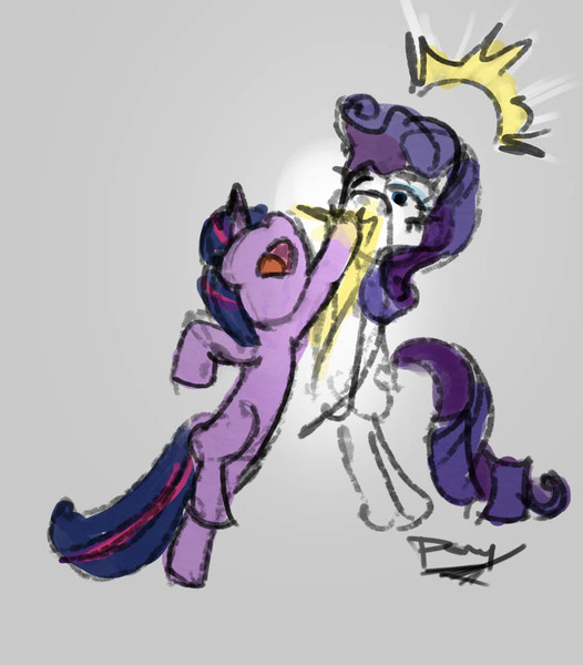 Size: 853x973 | Tagged: safe, artist:ponyrake, derpibooru import, rarity, twilight sparkle, pony, unicorn, duo, female, fight, hitting, image, jpeg, open mouth, simple background, unicorn twilight, uppercut