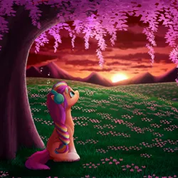 Size: 4000x4000 | Tagged: safe, artist:luminousdazzle, derpibooru import, sunny starscout, earth pony, pony, female, g5, grass, headphones, hill, image, jpeg, listening to music, mare, music notes, scenery, sitting, solo, sunset, tree