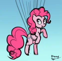 Size: 719x708 | Tagged: safe, artist:ponyrake, derpibooru import, pinkie pie, earth pony, pony, balloon, floating, flying, image, png, solo, then watch her balloons lift her up to the sky