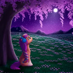 Size: 4000x4000 | Tagged: safe, artist:luminousdazzle, derpibooru import, sunny starscout, earth pony, pony, female, g5, grass, headphones, hill, image, jpeg, listening to music, mare, music notes, night, scenery, sitting, solo, tree