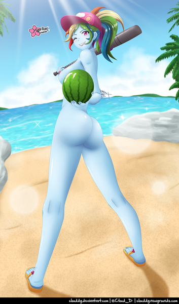 Size: 588x1000 | Tagged: questionable, alternate version, artist:clouddg, derpibooru import, rainbow dash, equestria girls, ass, baseball bat, beach, butt, complete nudity, feet, flip-flops, food, image, nudity, one eye closed, open mouth, open smile, palm tree, png, rainbutt dash, sandals, smiling, tree, watermelon