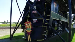 Size: 2500x1405 | Tagged: safe, artist:thomaszoey3000, derpibooru import, sunset shimmer, oc, oc:blue ink, human, equestria girls, clothes, humanized, image, irl, jewelry, locomotive, pendant, photo, png, ring, steam locomotive, train