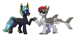 Size: 3884x1866 | Tagged: safe, artist:jiralightstalker, derpibooru import, oc, oc:bask shaded, oc:star chased, hippogriff, hybrid, original species, pegasus, shark, shark pony, cutie mark, fish tail, gills, hippogriff oc, hoofbump, image, looking at each other, looking at someone, pegasus oc, png, shark tail, signature, simple background, smiling, smiling at each other, tail, transparent background, wings