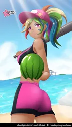 Size: 571x1000 | Tagged: safe, alternate version, artist:clouddg, derpibooru import, kotobukiya, rainbow dash, human, equestria girls, ass, baseball bat, beach, butt, flip-flops, food, image, kotobukiya rainbow dash, png, rainbutt dash, sandals, watermelon