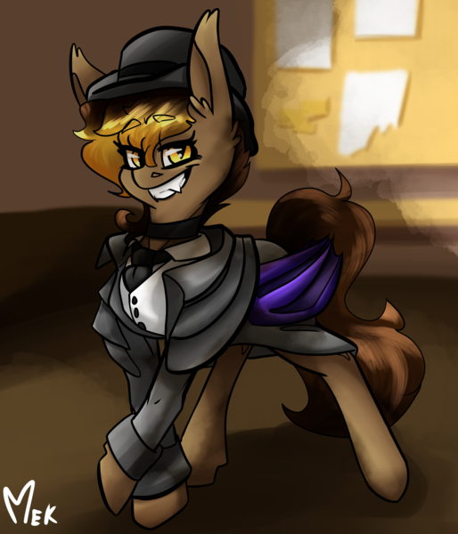 Size: 3008x3508 | Tagged: safe, artist:mekblue, derpibooru import, oc, bat pony, bat pony oc, bat wings, billboard, bowler hat, clothes, dress, ear fluff, fancy, hat, image, looking at you, necktie, png, smiling, smiling at you, solo, vest, wings