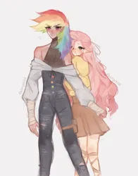 Size: 2757x3521 | Tagged: safe, artist:faiirychild, derpibooru import, fluttershy, rainbow dash, human, 2021, clothes, duo, elf ears, female, flutterdash, humanized, image, lesbian, old art, png, shipping