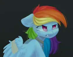 Size: 1148x903 | Tagged: safe, artist:melodylibris, derpibooru import, rainbow dash, pegasus, pony, bandage, bandaged wing, chains, collar, crying, female, floppy ears, gray background, gritted teeth, image, jpeg, mare, simple background, solo, teeth, wings