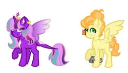 Size: 1280x730 | Tagged: safe, artist:eclipse-n-adopts, derpibooru import, oc, alicorn, butterfly, insect, pegasus, pony, rabbit, alicorn oc, animal, base used, butterfly on nose, crown, duo, female, freckles, horn, image, insect on nose, jewelry, looking at you, magical lesbian spawn, male, mare, offspring, parent:big macintosh, parent:fluttershy, parent:princess celestia, parent:twilight sparkle, parents:fluttermac, parents:twilestia, pegasus oc, png, raised hoof, regalia, simple background, smiling, smiling at you, stallion, white background, wings