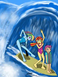 Size: 1000x1318 | Tagged: safe, artist:pheeph, derpibooru import, rainbow dash, scootaloo, sunset shimmer, equestria girls, barefoot, clothes, cover, feet, image, old master q, parody, png, scared, surfboard, surfing, swimsuit, wave