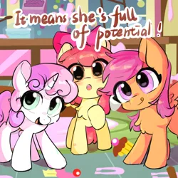 Size: 2048x2048 | Tagged: safe, artist:sunny berry, derpibooru import, apple bloom, scootaloo, sweetie belle, earth pony, pegasus, pony, unicorn, call of the cutie, adorabloom, blushing, chest fluff, cute, cutealoo, cutie mark crusaders, dialogue, diasweetes, female, filly, foal, g4, image, open mouth, open smile, png, scene interpretation, smiling, standing, sugarcube corner