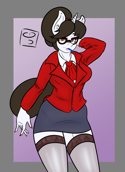 Size: 2184x3000 | Tagged: suggestive, artist:dimvitrarius, derpibooru import, raven, anthro, unicorn, business suit, businessmare, clothes, collared shirt, cravat, female, glasses, image, jacket, mouth hold, pen, png, requested art, shirt, simple background, skirt, socks, solo, stockings, thigh highs, tube skirt