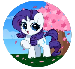 Size: 3609x3326 | Tagged: safe, artist:kittyrosie, derpibooru import, part of a set, rarity, pony, unicorn, cherry blossoms, cloud, cute, female, flower, flower blossom, image, looking at you, mare, open mouth, png, raribetes, redraw, simple background, sky, solo, transparent background, tree