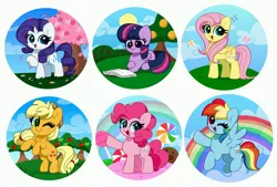 Size: 4096x2768 | Tagged: safe, artist:kittyrosie, derpibooru import, part of a set, applejack, fluttershy, pinkie pie, rainbow dash, rarity, twilight sparkle, twilight sparkle (alicorn), alicorn, butterfly, earth pony, insect, pegasus, pony, unicorn, backwards cutie mark, blushing, book, candy, cherry blossoms, chibi, cloud, cookie, cute, dashabetes, diapinkes, female, flower, flower blossom, food, image, jpeg, lollipop, looking at you, lying down, mane six, mare, one eye closed, open mouth, open smile, prone, rainbow, raised hoof, raribetes, reading, redraw, shyabetes, simple background, sky, smiling, starry eyes, sun, tail, that pony sure does love books, tree, twiabetes, waving, white background, wingding eyes, wings, wink