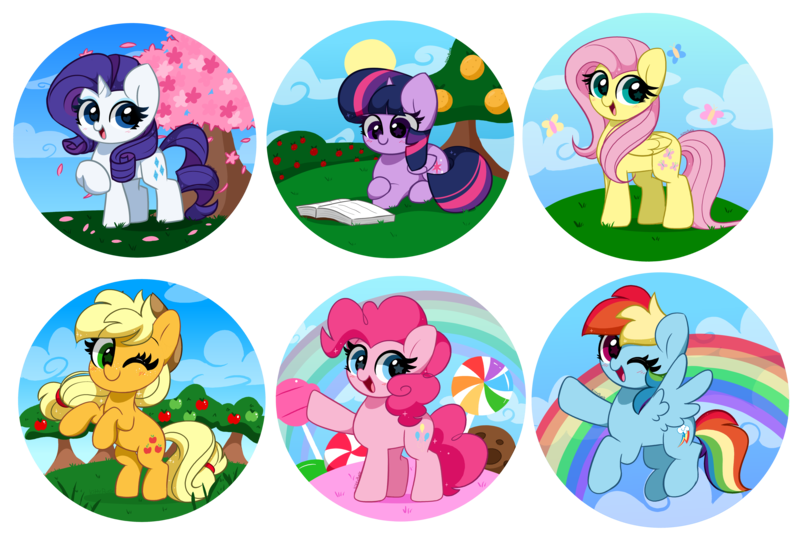 Size: 6048x4087 | Tagged: safe, artist:kittyrosie, derpibooru import, part of a set, applejack, fluttershy, pinkie pie, rainbow dash, rarity, twilight sparkle, twilight sparkle (alicorn), alicorn, butterfly, earth pony, insect, pegasus, pony, unicorn, backwards cutie mark, blushing, book, candy, cherry blossoms, chibi, cloud, cookie, cute, dashabetes, diapinkes, female, flower, flower blossom, food, image, lollipop, looking at you, lying down, mane six, mare, one eye closed, open mouth, open smile, png, prone, rainbow, raised hoof, raribetes, reading, redraw, shyabetes, simple background, sky, smiling, starry eyes, sun, tail, that pony sure does love books, transparent background, tree, twiabetes, waving, wingding eyes, wings, wink