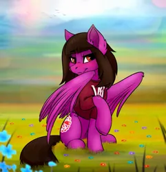 Size: 1633x1691 | Tagged: safe, artist:dushnila, derpibooru import, ponified, pegasus, pony, bedroom eyes, clothes, commission, ear fluff, field, grass, image, jpeg, looking at you, male, nose piercing, outdoors, partially open wings, pierce the veil, piercing, raised hoof, shirt, sitting, sleeping with sirens, solo, stallion, t-shirt, vic fuentes, wings, ych result