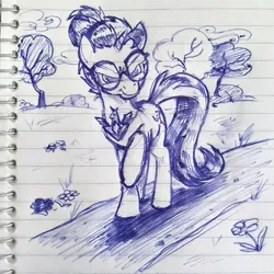 Size: 2045x2048 | Tagged: safe, artist:mellodillo, derpibooru import, sunset shimmer, pony, unicorn, alicorn amulet, alternate hairstyle, alternate universe, female, glasses, image, jpeg, lined paper, mare, monochrome, pen drawing, solo, traditional art