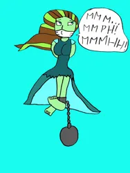 Size: 774x1032 | Tagged: safe, artist:tiedandgaggedgirls, derpibooru import, sunset shimmer, equestria girls, asphyxiation, ball and chain, cloth gag, clothes, dress, drowning, gag, image, jpeg, muffled words, scared, sinking, struggling, worried