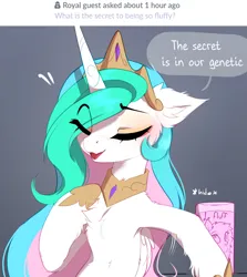 Size: 2491x2790 | Tagged: safe, artist:magnaluna, derpibooru import, princess celestia, oc, oc:fluffle puff, alicorn, pony, ask, chest fluff, dialogue, ear fluff, eyes closed, fluffy, image, jpeg, lies, shampoo, simple background, smiling, solo