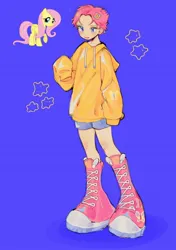 Size: 1440x2048 | Tagged: safe, artist:itakoru, editor:unofficial edits thread, fluttershy, human, pegasus, pony, blue background, blue eyes, boots, clothes, ear piercing, female, full body, hoodie, humanized, image, jpeg, light skin, piercing, pink hair, shoes, short hair, shorts, simple background, solo, standing