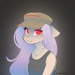 Size: 2048x2048 | Tagged: safe, artist:katputze, derpibooru import, oc, oc:crimson sunset, unofficial characters only, anthro, pony, unicorn, bust, cap, female, grin, hat, image, jewelry, jpeg, looking at you, mare, necklace, red eyes, signature, smiling, smiling at you, solo